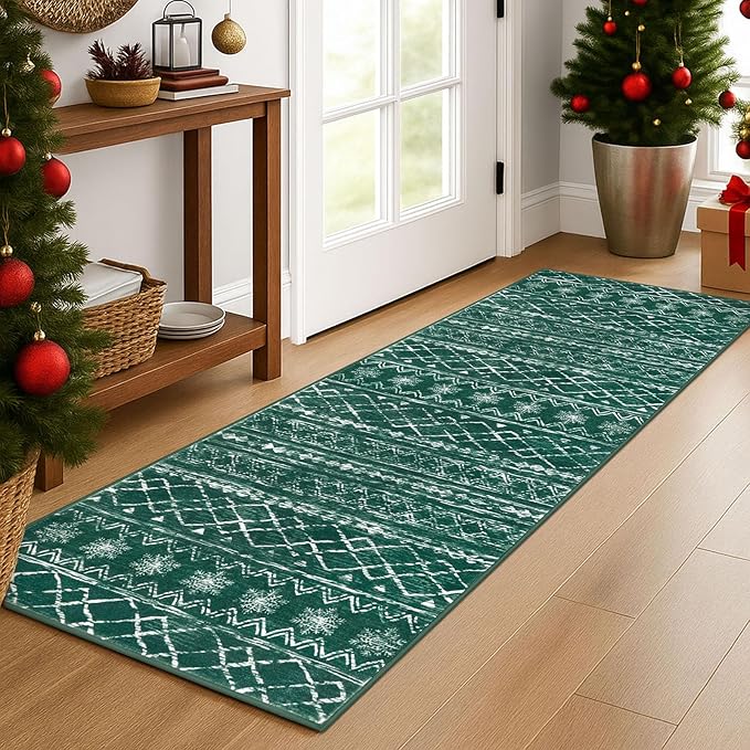 KUTA Christmas Washable Hallway Runner Rug, 2x6 Non-Slip Vintage Boho Rugs Kitchen Runners Green Ultra Soft Distressed Geometric Floor Carpet for Bedroom Laundry Living Room