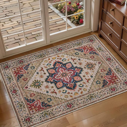 Tangsoo Vintage Small Rug 2x3 Washable Rugs for Entryway Non-Slip Oriental Low Pile Rug for Front Door, Kitchen, Indoor, Accent Throw Small Area Rug, Door Mat for Entrance, Soft Boho Beige/Red