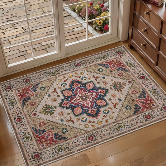 Tangsoo Vintage Small Rug 2x3 Washable Rugs for Entryway Non-Slip Oriental Low Pile Rug for Front Door, Kitchen, Indoor, Accent Throw Small Area Rug, Door Mat for Entrance, Soft Boho Beige/Red