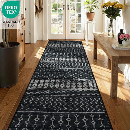 2x8 Machine Washable Runner Rug, Kitchen Hallway Area Rug, Black Vintage Moroccan Rug Ultra Non-Slip Low Pile Soft Faux Wool Carpet, Kids and Pets Friendly for Bedroom Entryway Bedside Decor Rug