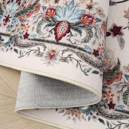 Rugcomf Vintage Paisley Runner Rug 2'7"x8' - Machine Washable, Non-Slip Low Pile Floral Carpet for Kitchen, Laundry, Bedroom, Bathroom - Beige