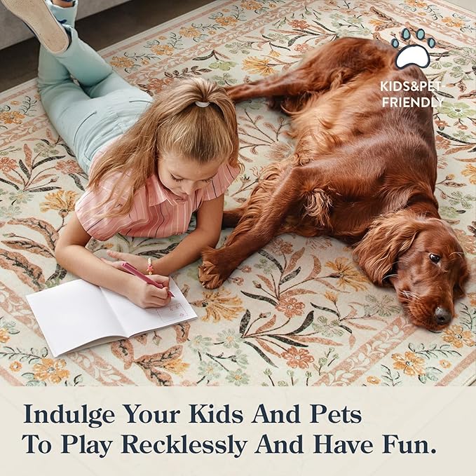 Lahome Fall Boho Washable Area Rugs 5x7 for Bedroom, Bohemian Brown Rugs for Living Room, Soft Floral Thin Carpet for Kids Room Apartment Dorm Home Decor, Ochre Fall