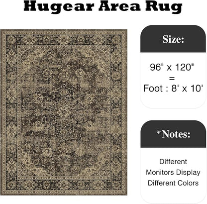 HUGEAR Retro Brown Area Rug 8x10 Machine Washable Living Room Rugs Distressed Vintage Floral Low Pile Carpet Bedroom Office Dining Room Laundry Room Non Slip Soft Lightweight