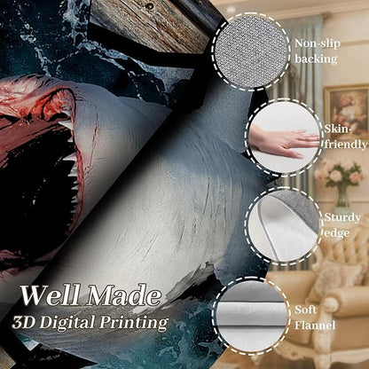 Sea Shark Kids Rugs, 4x5ft, Fierce Shark 3D Printed Carpet for Indoor, Marine Animals Broken Wooden Boards Realistic Effect Floor Mat, Dirty Resistant Machine Washable Carpets for Dorm