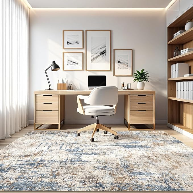 9x12 Area Rug Washable Rugs: Living Room Large Abstract Modern Soft Stain Resistant Indoor Floor Non Slip Accent Carpet for Bedroom Nursery Playroom Office Dining Room Dorm Home House- Tan