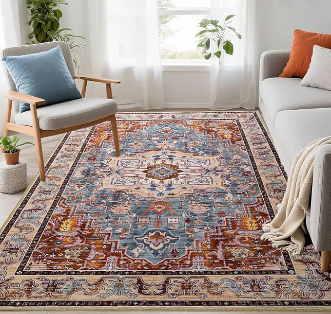 Washable Area Rugs 3x5, Low Pile Vintage Carpet, Non-Slip Distressed Rug for Bedroomn Living Room, Dining Room, Non-Slip, Low Pile, Rust Brown