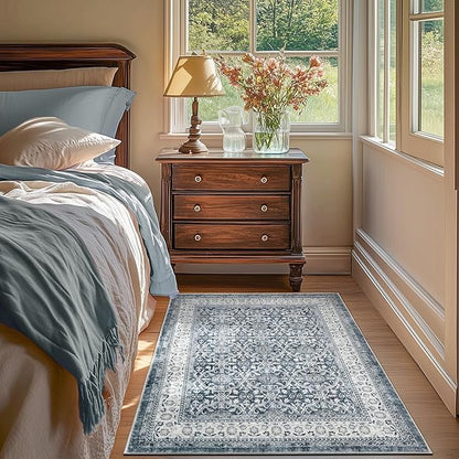 jinchan Floral 3x5 Area Rugs for Entryway - Taupe Vintage Distressed Design Doormat Non-Slip Ultra-Thin Low Pile Boho Rug for Kitchen Living Room Bedroom Farmhouse (3‘x5', Grey)