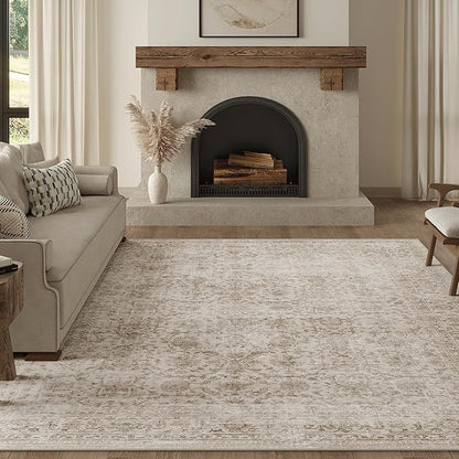 FMFUNCTEX 6x9 Washable Area Rug Beige Vintage Neutral Distressed Large Non Slip Carpet for Living Room Bedroom Soft Low Pile Indoor Mat Retro Floral Throw Rug for Dining Room Kitchen Office Nursery