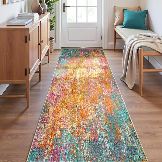 Washable Area Rugs 2'x8' Non-Slip Modern Abstract Soft for Living Room Entryway Bedroom Nursery, Print Pattern, Orange Blue Pink Yellow Colorful