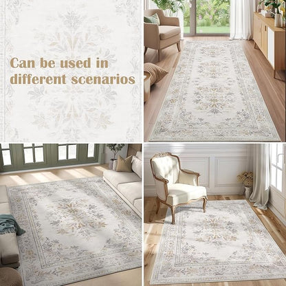 jinchan Vintage Floral Runner Rug 2x5 - Machine Washable Distressed Design Non-Slip Low-Pile Soft Thin Carpet for Hallway Kitchen Farmhouse Bedroom Entryway Laundry Room (2x5ft, Light Grey)