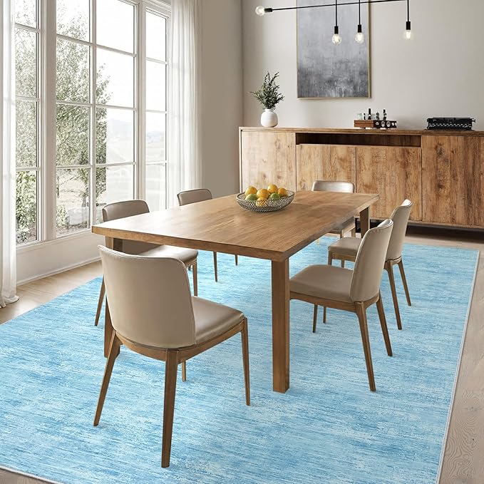 RUGSREAL 6x9 Large Bedroom Area Rug Washable Rug Soft Modern Area Rug for Living Room Non-Slip Stain Resistant Abstract Throw Floor Carpet Contemporary Rug Solid Rug for Dining Room Office, Blue