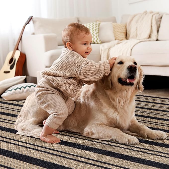 Tangsoo Stripe Easy Jute Rug 4x6 for Paito,Thin Non-Slip Indoor Outdoor Black Door Carpet,Washable Farmhouse Throw Mat for Front Porch Kitchen Bedroom Foyer