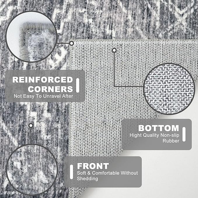 KILOCOCO Hallway Runner Rug 2'x10' Runners for Hallways Washable Runner Rug Non Slip Rubber Backed Low-Pile Runners for Bedroom Kitchen Living Room Laundry Room Boho Rugs, Grey