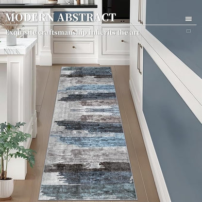 Ciicool 3x8 Washable Runner Rug, Modern Abstract Hallway Rugs Runner, Non-Slip Thin Accent Rug Lightweight Navy Grey Print Distressed Carpet for Kitchen Laundry Entryway Bedroom Indoor