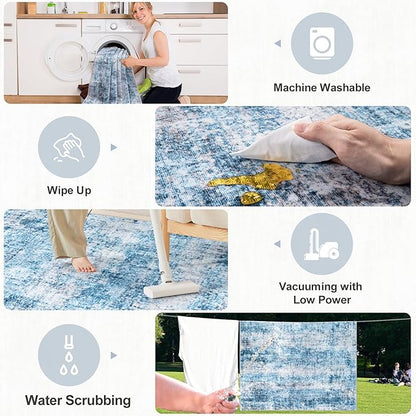 Area Rugs Living Room Rug - 5x7 Washable Modern Abstract Soft Neutral Non-Slip Carpet Large Indoor Floor Thin Carpets for Bedroom Dining Room Farmhouse Nursery Home Office Blue Grey