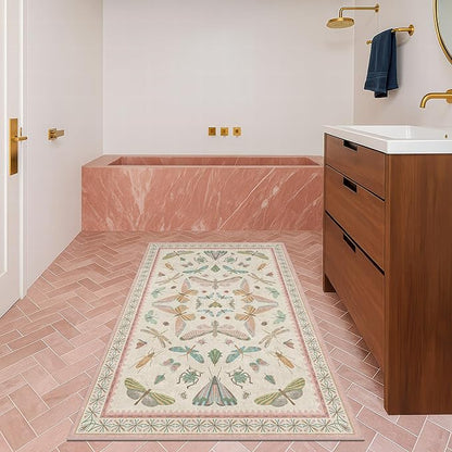 Flower Area Rug for Girls Bedroom - Washable 3x4 Light Pink Large Entryway Rug for Laundry Room, Kitchen, Bedroom, Dorm, Insect Print Vintage Floral Non-Slip Throw Rug Low Pile Stain Resistance