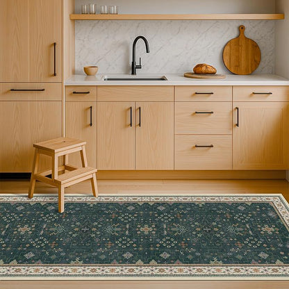 Dark Green 2x7 Kitchen Rug - Modern Vintage Boho Eclectic Floral Pastel, Washable Low Pile Non-Slip Long Runner Rugs for Hallway, Bedroom