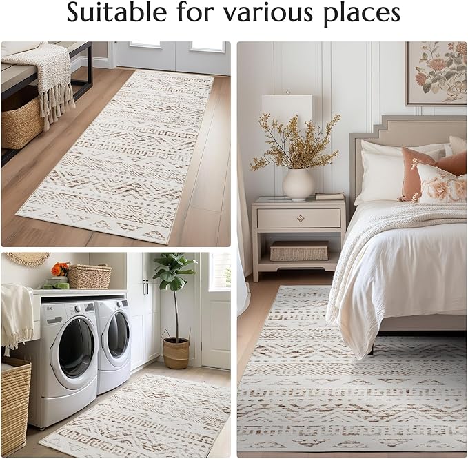 jinchan Boho 2x3 Rugs for Entryway - Machine Washable Doormat Moroccan Soft Throw Rug Bohemian Diamond Non-Slip Carpet for Entrance Kitchen Laundry Room Bedroom (2‘x3', Mocha)