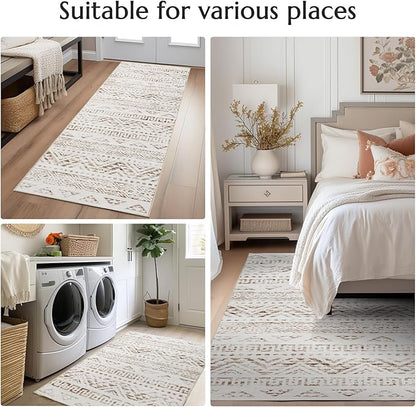 jinchan Boho 2x3 Rugs for Entryway - Machine Washable Doormat Moroccan Soft Throw Rug Bohemian Diamond Non-Slip Carpet for Entrance Kitchen Laundry Room Bedroom (2‘x3', Mocha)