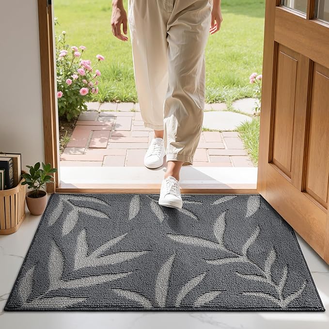 LUMI Indoor Door Mat 24x36, Washable Front Doormat with Welcome Leaf Pattern, Non-Slip Rubber Back Absorbent Mats for Entrance, Patio, Garage, Dark Grey
