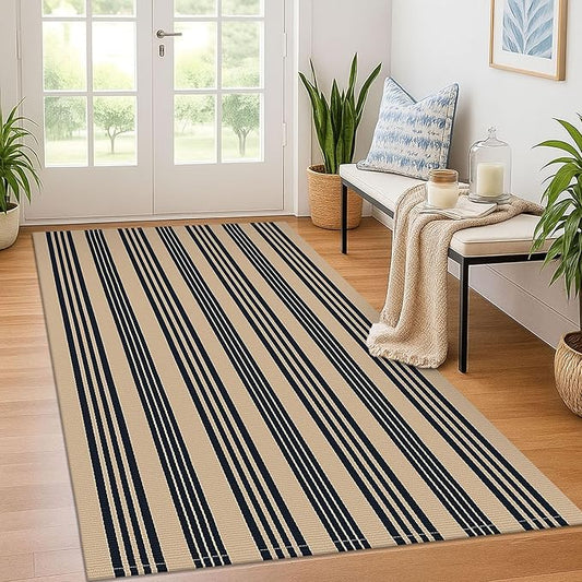 KOZYFLY Striped Front Door Mat 4x6 Ft Brown and Black Front Door Rug Cotton Washable Indoor Outdoor Rug Large Doormats Outdoor Striped Area Rugs for Kitchen Entryway Front Porch
