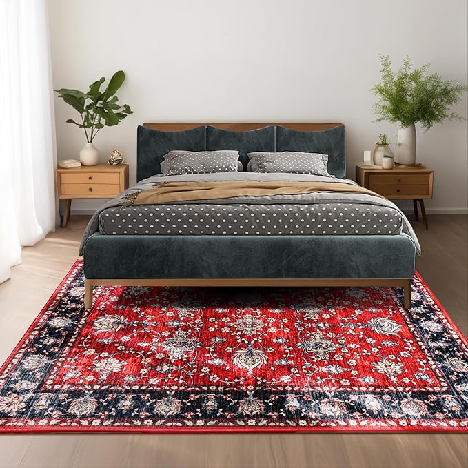 Area Rug for Living Room, 6x9 Machine Washable Non Slip Large Faux Wool Throw Rug, 0.3″ Low Pile & Non-Shedding Boho Large Carpet Rugs for for Dining Room, Bedroom, Office (Black Red)