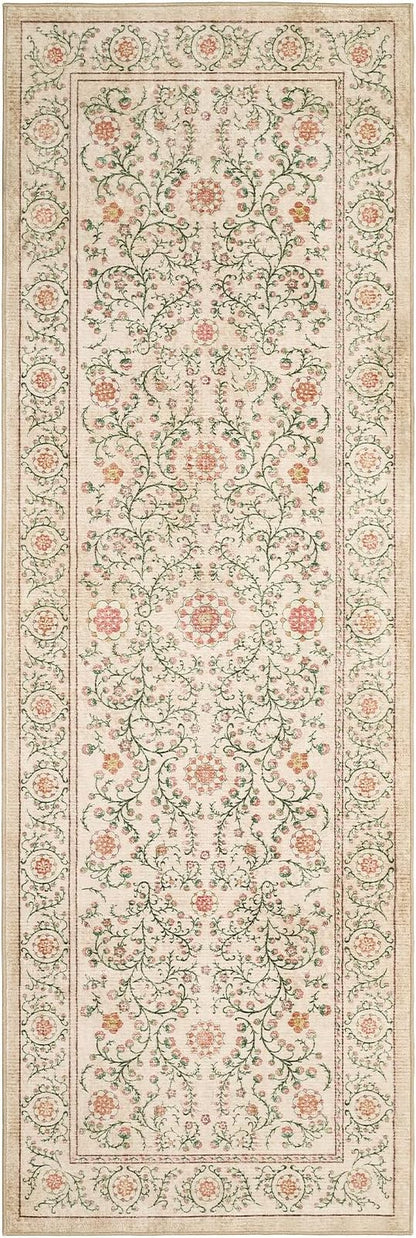 GarveeHome Boho 2x6 Runner Rug for Hallways Non Slip, Vintage Botanical Kitchen Rugs Washable Area Rug for Entryway Stain Resistant, Low Pile Soft Runner Camel Carpet for Bedroom Floor Laundry Room