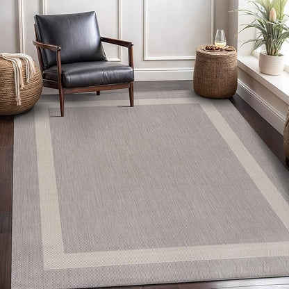 CAMILSON Outdoor Rug 5x7,Modern Outside Rugs for Patios Porches Waterproof Durable Washable Non-Shedding, Easy-to-Clean Indoor Outdoor Area Carpet (5 x 7, Bordered - Gray/White)