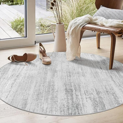 MUJOO Round Rug 4ft,Small Cicle Area Rug Washable,Circular Rugs for Entryway Bedroom Kitchen,Modern Abstract Non Slip Throw Carpet Accent Neutral Grey
