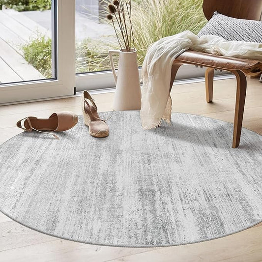 MUJOO Round Rug 4ft,Small Cicle Area Rug Washable,Circular Rugs for Entryway Bedroom Kitchen,Modern Abstract Non Slip Throw Carpet Accent Neutral Grey