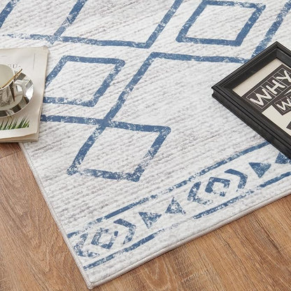 jinchan Moroccan 6x9 Area Rugs for Living Room - Machine Washable Soft Modern Geometric Stain Resistant Ultra-Thin Low-Pile Large Rug Non-Slip Carpet for Bedroom Kitchen Dining Room (6x9ft, Blue)