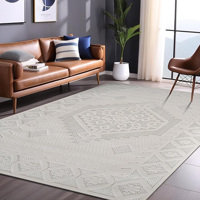 Modern Micro Loop Indoor Area Rugs for Living Room Bedroom Kitchen Geometric Trellis White 8x10 Luxury Durable Low and High Pile Non-Shedding Stain Resistant Soft Area Carpet 8 x 10