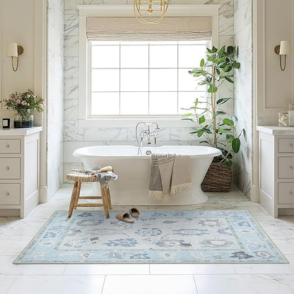 Fame Living Cream Blue Oushak Rug, Modern, Vintage, Turkish, Eclectic, Floral, Pastel, Washable, Large Area Rugs for Living Room, Dining, Bedroom, Girls, Boys, 7'5"x9'8"