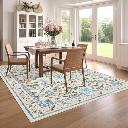5x7 Washable Non-Slip Rug, Vintage Floral Area Rug for Living Room, Low Pile Farmhouse Distressed Carpet for Nursery Playroom Dorm Teens Office, Green