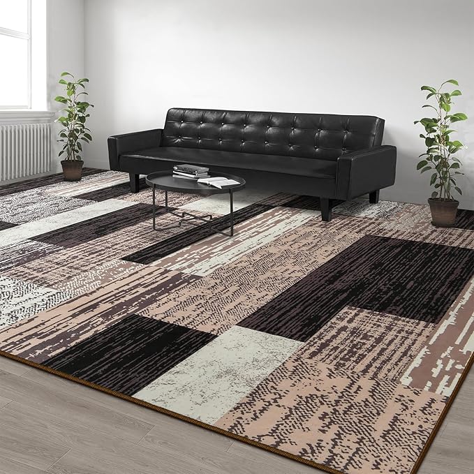 Large Area Rugs,Modern Geometric Patchwork Floor Decor for Bedroom Aesthetic Carpet, Rockwood Collection, Indoor Rugs for Living Room Dining Room Nursery Office Machine Washable Rug, 4x6 Ft Chocolate