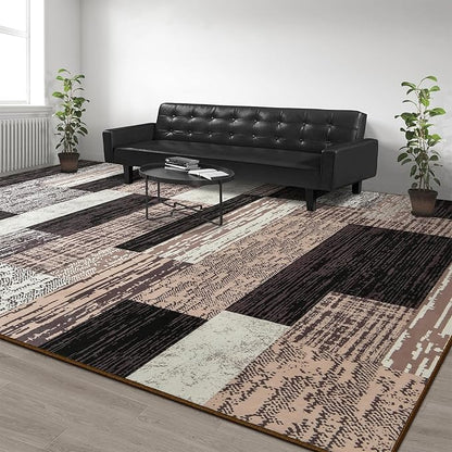 Large Area Rugs,Modern Geometric Patchwork Floor Decor for Bedroom Aesthetic Carpet, Rockwood Collection, Indoor Rugs for Living Room Dining Room Nursery Office Machine Washable Rug, 6x9 Ft Chocolate