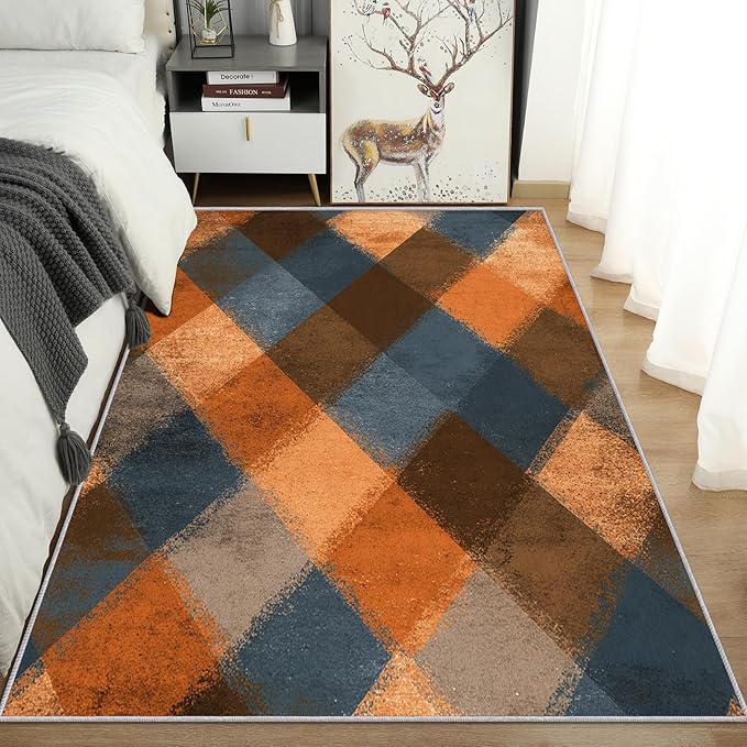 Checkered Geometric Rug Small, Washable 2x3 Throw Rug for Entryway, Modern Abstract Patterned Indoor Door Mat, Checkered Geometric Decor for Home, Bedroom, Soft Non Slip Thin Design FER42