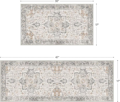 GENIMO Runner Rug 2PCs, Machine Washable Non Slip Vintage Hallway Runner Rug 17.3"x47"+17.3"x30", Low Pile Lightweight Rugs for Indoor Entryway, Hallway, Kitchen and Corridor, Light Taupe Brown