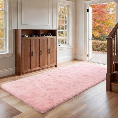 2x6 Solid Fluffy Pink Area Rug – Washable, Durable, Small Bedroom Runner Rug, Non-Slip Shag Rugs for Hallway, Girls Room, Living Room, Bedroom, Bedside, Dorms, Kids Room, Sofa Coffee Table