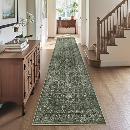 2x10 Hallway Washable Runner Rug Vintage Green Boho Extra Long Runners for Kitchen, Bathroom, Distressed Floral Floor Mat Non-Slip Farmhouse Carpet