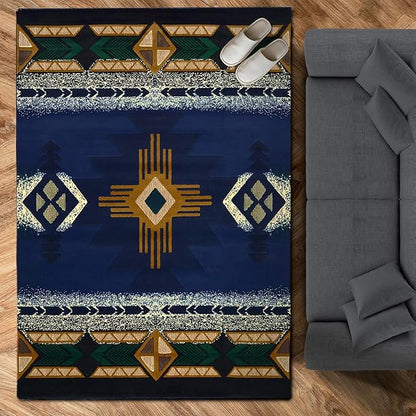 YHSF South West Native American Area Rug C318 (Navy Blue, 8 Feet x 10 Feet)