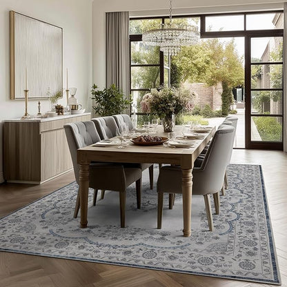 Washable Rugs 5x7 Area Rugs for Living Room, Thin Carpet for Bedroom, Soft Faux Wool Retro Dining Room Rug，Non Slip&Non-Shedding Resistant Low Pile Vintage Print Rug for Home Office (Grey/Blue)