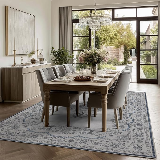 Washable 6x9 Area Rug for Living Room, Carpet for Bedroom Dining Room, Non Slip&Non-Shedding Resistant Low Pile Vintage Print Rug for Home Office (Grey/Blue)