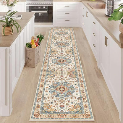 Enkor Runner Rugs for Hallway, 2x10 Washable Soft Non Slip Floor Rugs for Kitchen, Modern Mat for Living Room Bedroom Entryway Orange & Beige