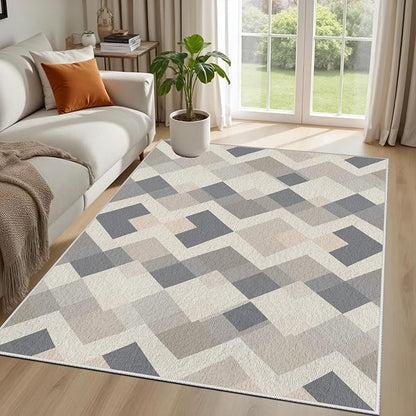 Modern Area Rug Living Room Rugs 5x7, Minimalist Soft Boho Geometric Rug, Non-Slip Washable Low Pile Non Shedding Carpet for Bedroom Office Dining Room Kitchen Nursery, Gray Beige White