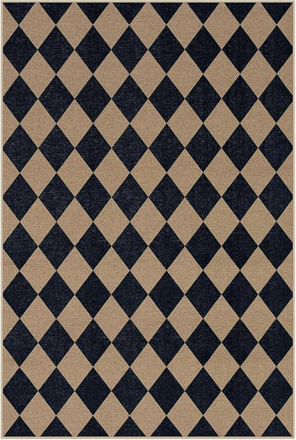 Lahome Checkered Easy Jute Patio Rug, 6x9 Washable Indoor Outdoor Rug, Farmhouse Neutral Non Slip Non Shedding Low Pile Floor Carpet for Deck Living Dining Room Office Mudroom