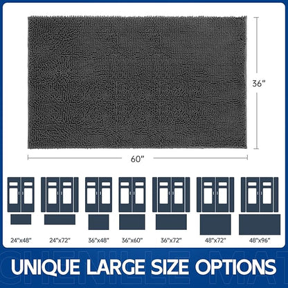 Chenille Absorbent Front Door Mat 60" x 36", Dog Door Mat for Muddy Paws, Trap Dirt Doormat, Mud Mat for Dogs, Washable Non Slip Outdoor Indoor Doormats for Entryway, Grey