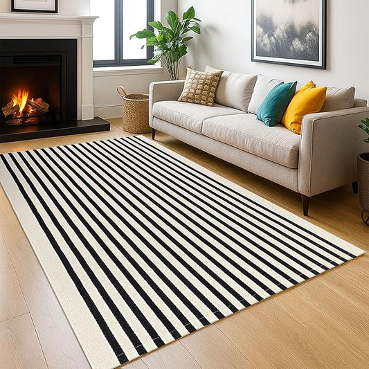 KOZYFLY Black and Beige Striped Rug 5x8 Ft Area Rug Washable Indoor Outdoor Rug Cotton Outdoor Patio Rugs Farmhouse Rugs Living Room Carpet for Patio Dining Room Bedroom