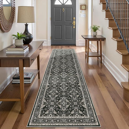 WITSHOCK Living Room Area Rugs 3x10: Soft Non-Slip Backing Washable Rugs Vintage Large Carpet for Bedroom Office Dining Room Kitchen Stain Resistant Home Decor Rug,Black