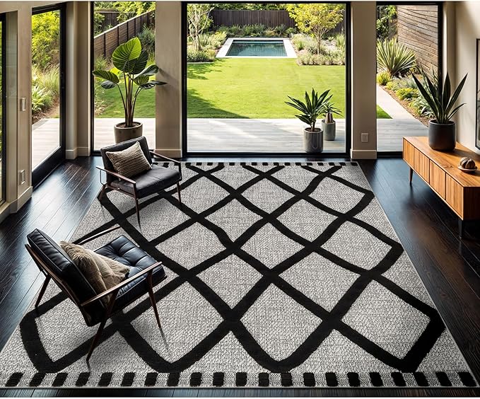 CAMILSON Modern Rug 9x12 Luxury Diamond Pattern Large Micro Loop Area Rugs Soft High-Low Pile Stain Resistant Easy to Clean Non-Shedding Durable Living Room Bedroom Indoor Carpet (Black/Gray)
